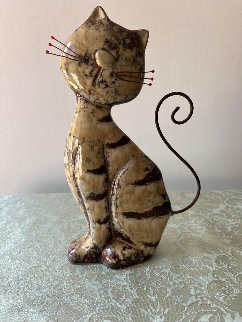 Vintage Mid-Century Retro Ceramic Cat Statue with Curly Wire Tail